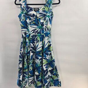 Heart and Roses White with Blue Green Floral Fit and Flare Mini Dress Medium
